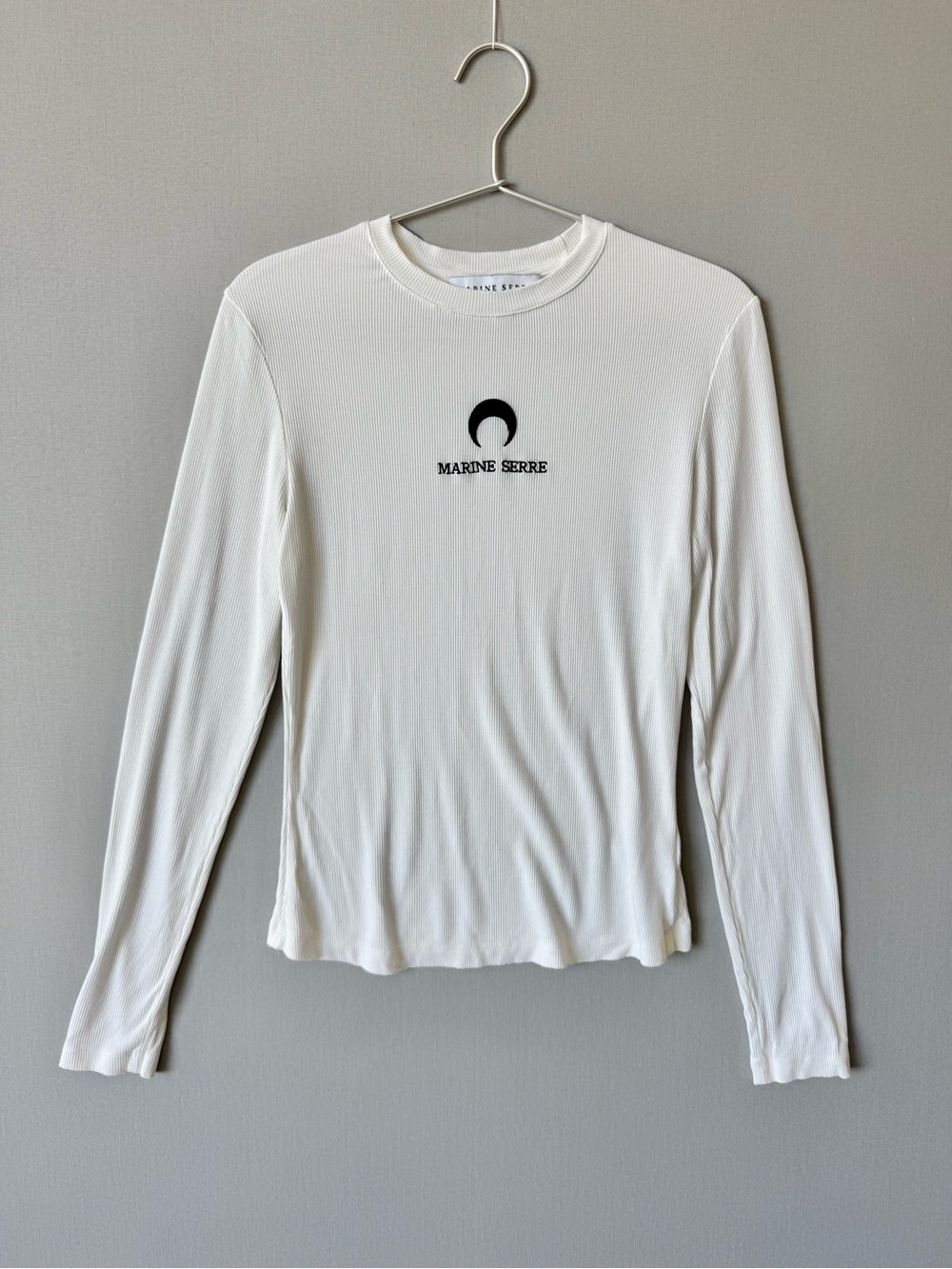 Marine Serre White Long-Sleeve Embroidered Crescent Logo Ribbed Tee - Size Large